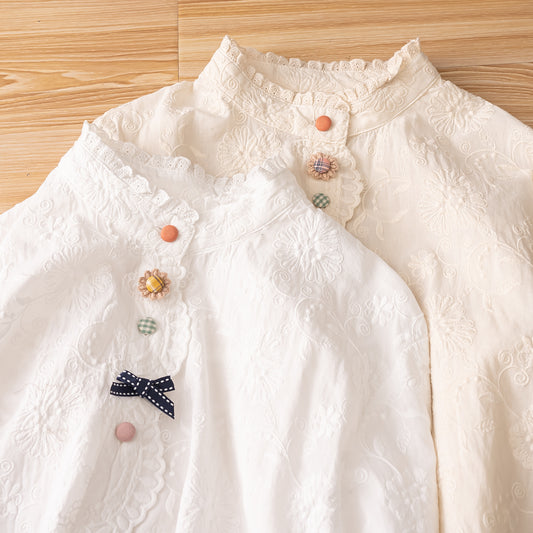 Japanese Style Ruffled Stand Collar Shirt – Color-Button Bow Long Sleeve Top