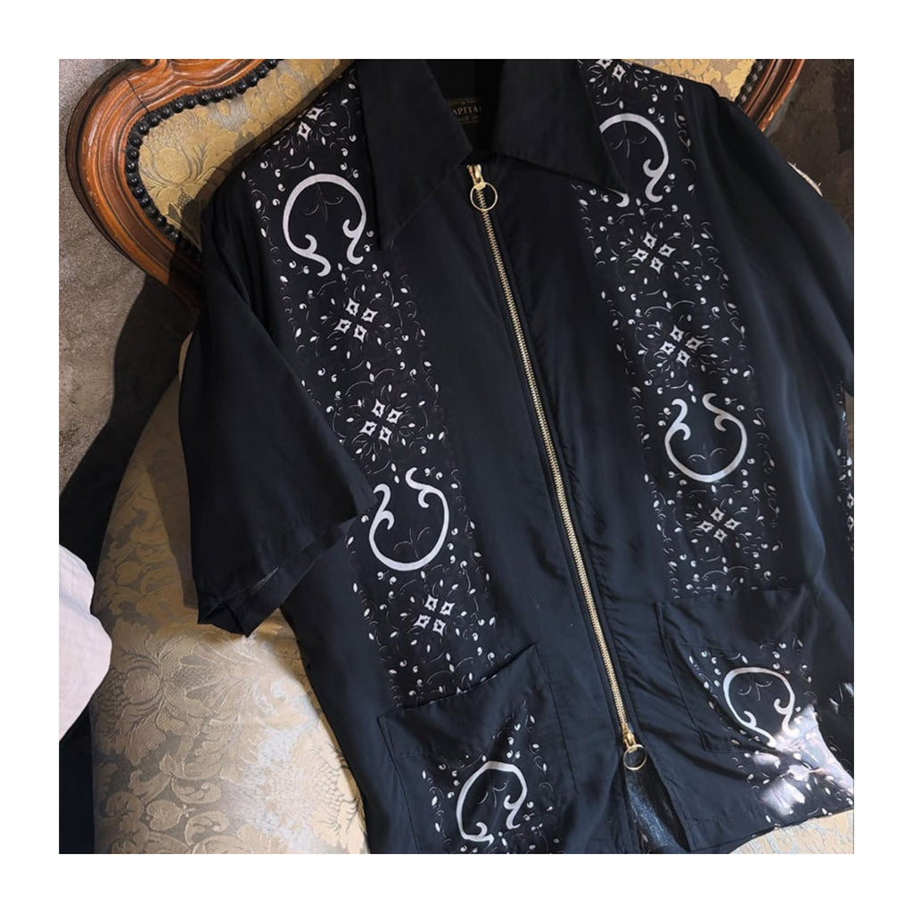 Japanese Style Casual Double Zipper Printed Short Sleeve Shirt Loose Fit Unisex