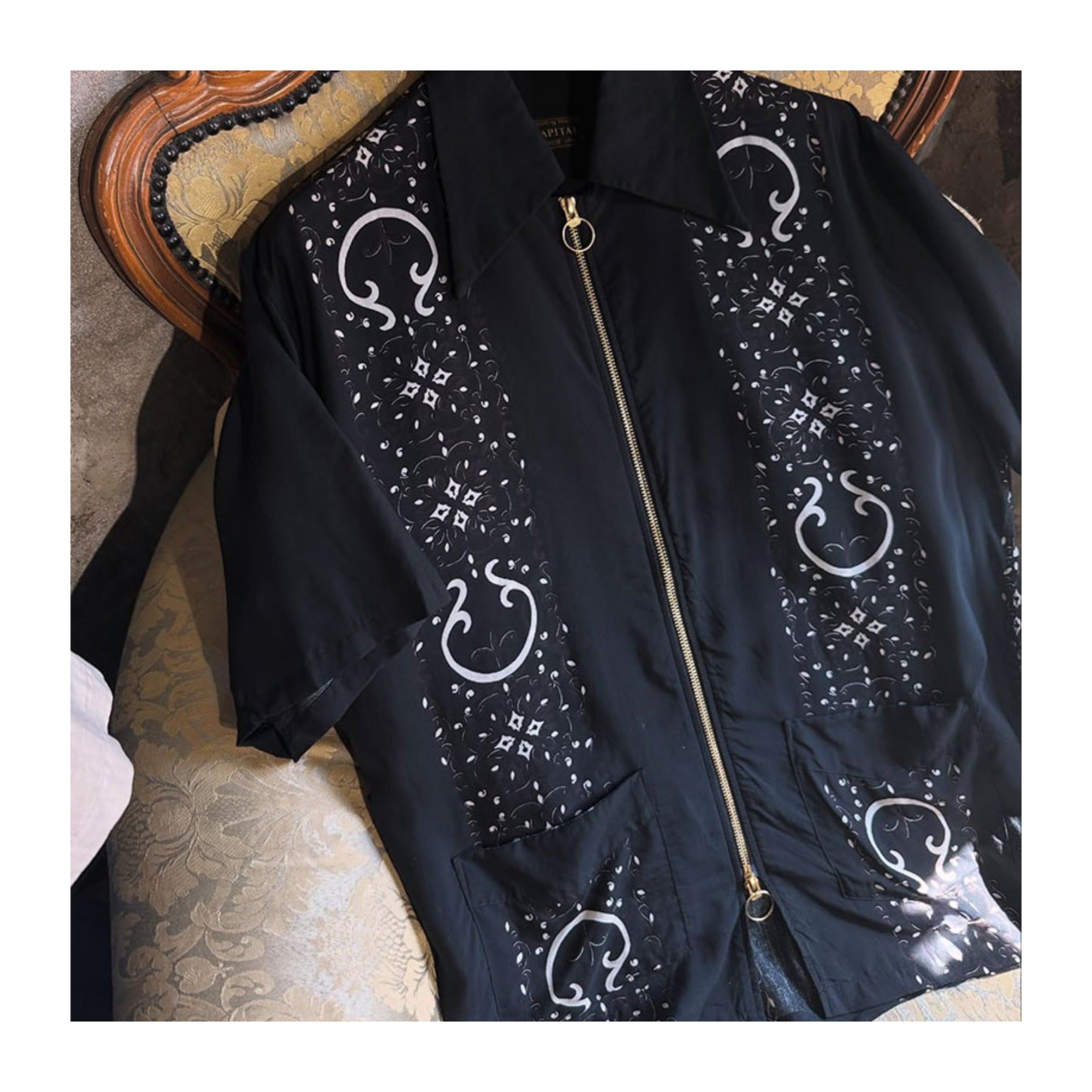 Japanese Style Casual Double Zipper Printed Short Sleeve Shirt Loose Fit Unisex