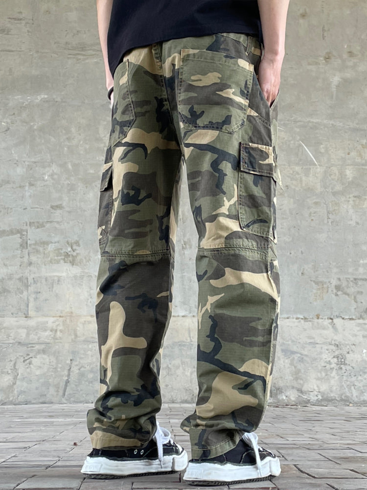 Men's American Street Retro Cargo Pants - Camouflage Heavy Washed Ripped Straight-Leg Pants