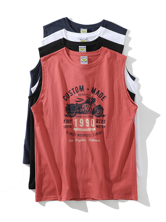 American-Retro Washed 100% Cotton Printed Sleeveless Vest – Trendy Summer Sports Casual Tee