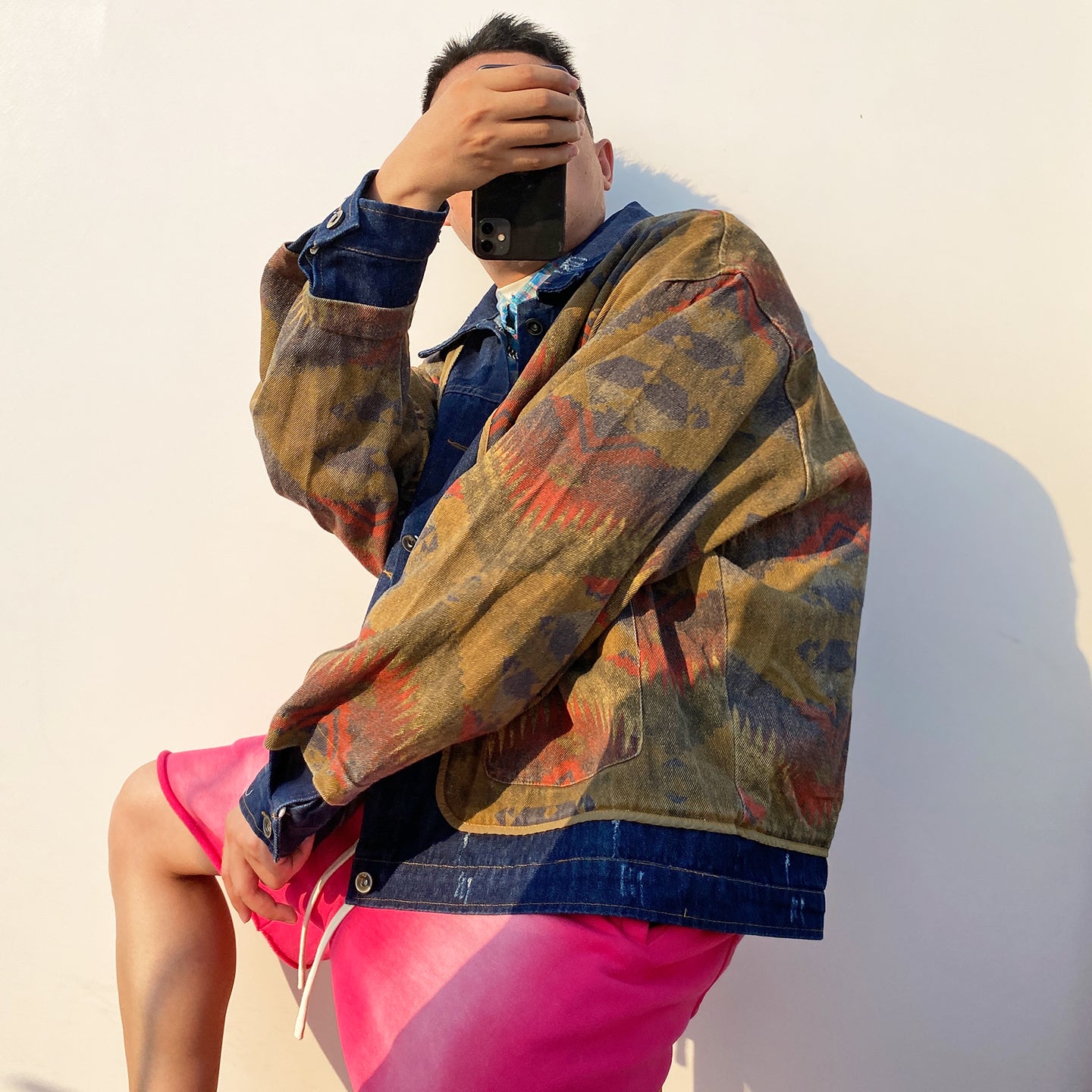 Shanwu Patchwork Blue Lapel Jacket – Retro American Streetwear, Unisex