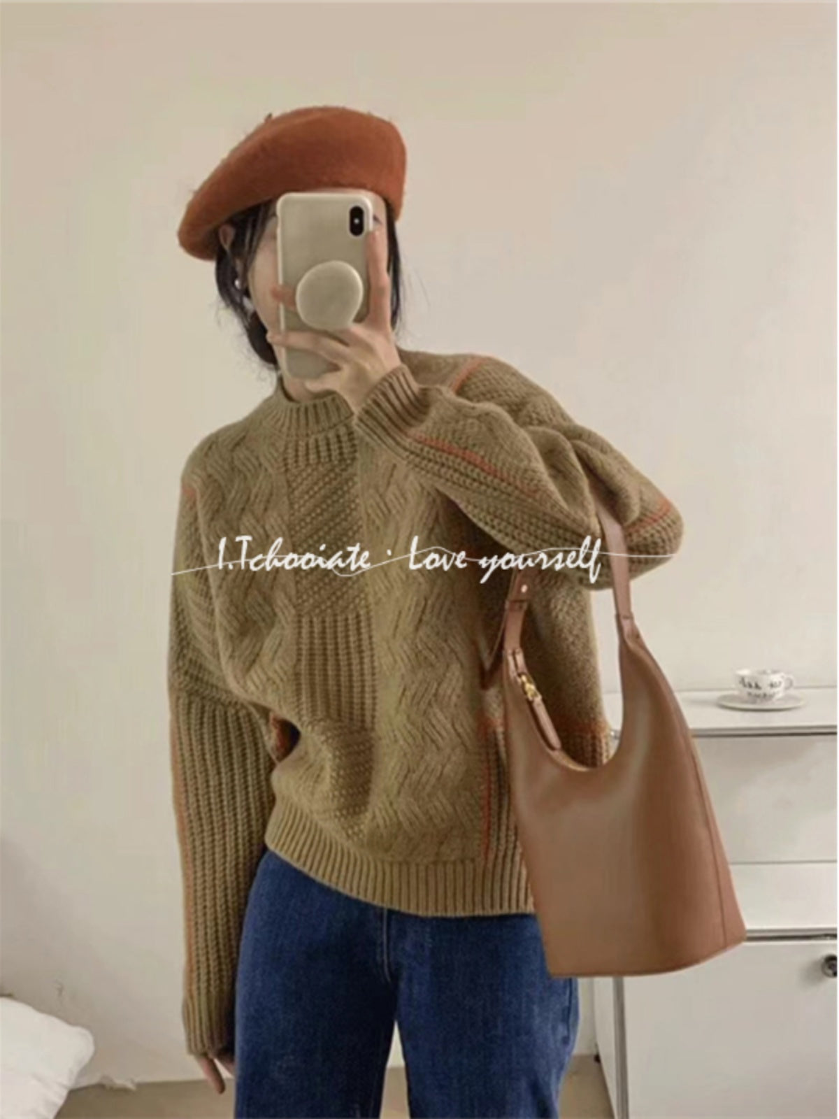 I.Tchooiate Retro Japanese Style Lazy Round Neck Cable Knit Sweater for Women, Thickened Design Top for Autumn and Winter