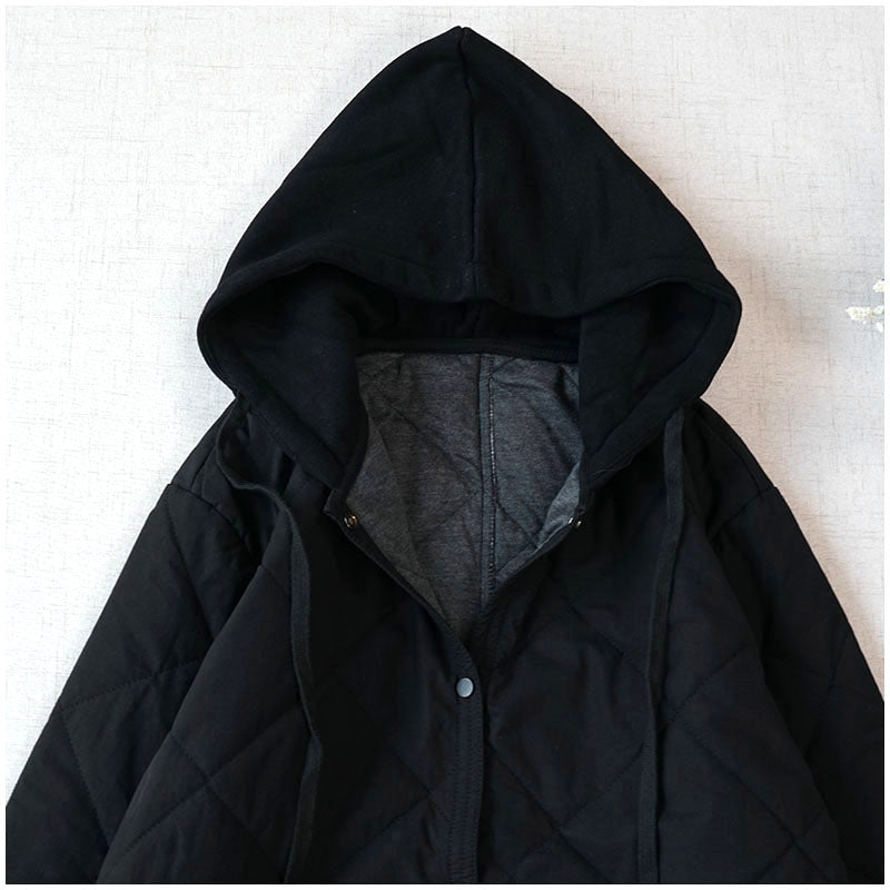 Warm Mid-Length Hooded Quilted Cotton Jacket – Loose, Retro Japanese Outerwear for Women
