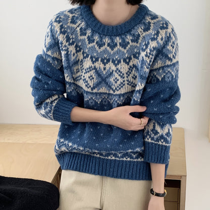Women's Iceland Blue Fair Isle Jacquard Sweater - Retro Christmas Color Block Loose Warm Pullover