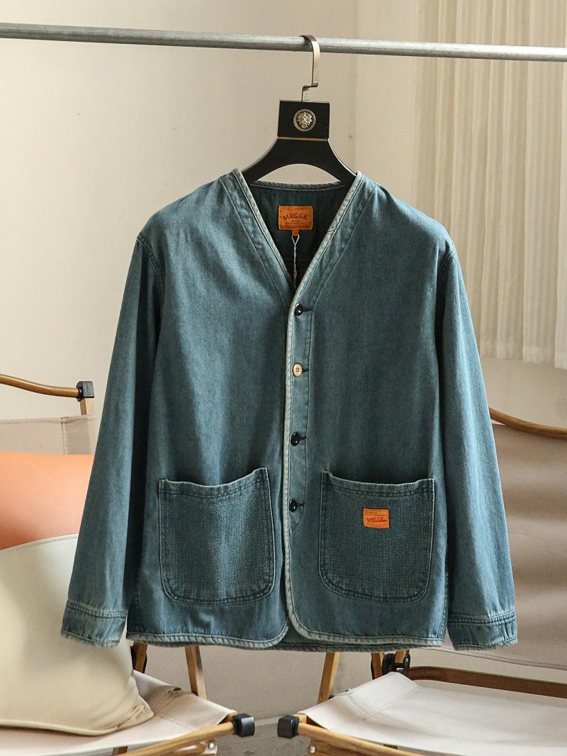 Autumn New Japanese Retro Washed Cotton Men's Casual Versatile Collarless Denim Jacket Coat Trend