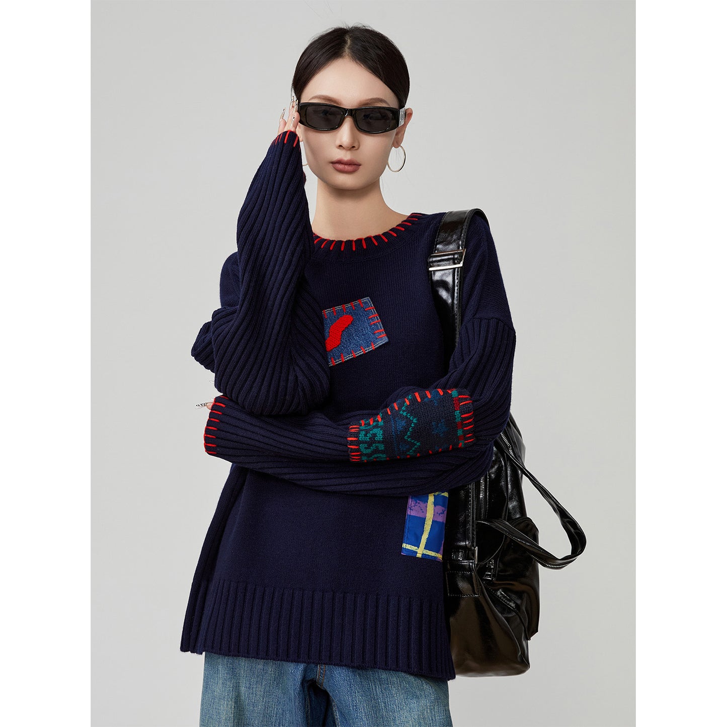 Color-Block Hand-Embroidered Patchwork Sweater – Japanese Niche Knit Top
