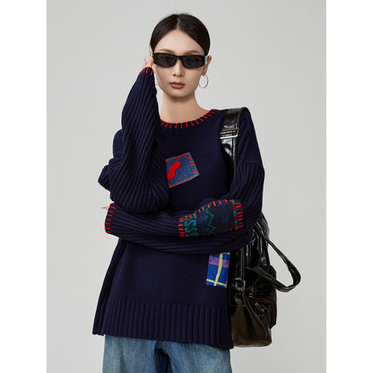 Color-Block Hand-Embroidered Patchwork Sweater – Japanese Niche Knit Top