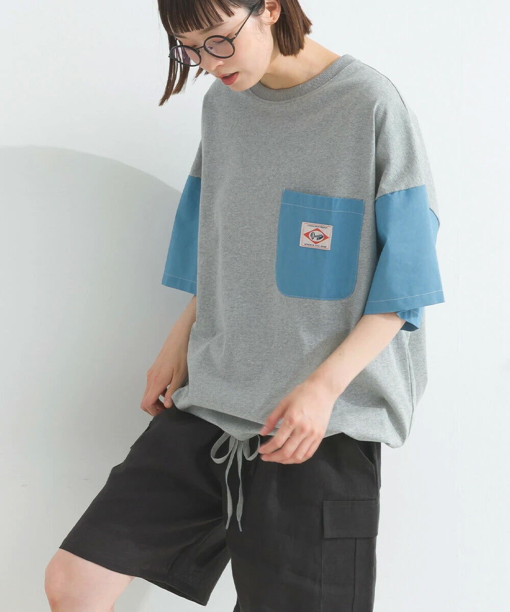 Japanese Style Stitching Denim Pocket Letters Profile T-shirt Designer Loose Casual Summer Patch