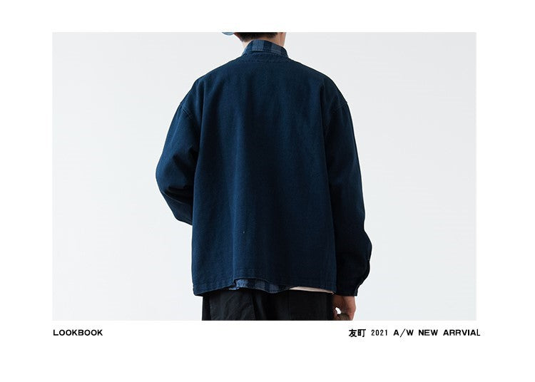 Vintage Washed Denim Collarless Shirt – Japanese Style Long Sleeve (Unisex)