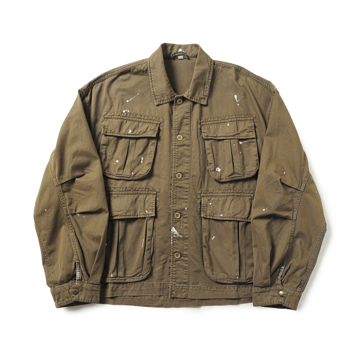 Heavy-Duty Washed Multi-Pocket Workwear Jacket – Ink-Splattered, Turn-Down Collar (Unisex)