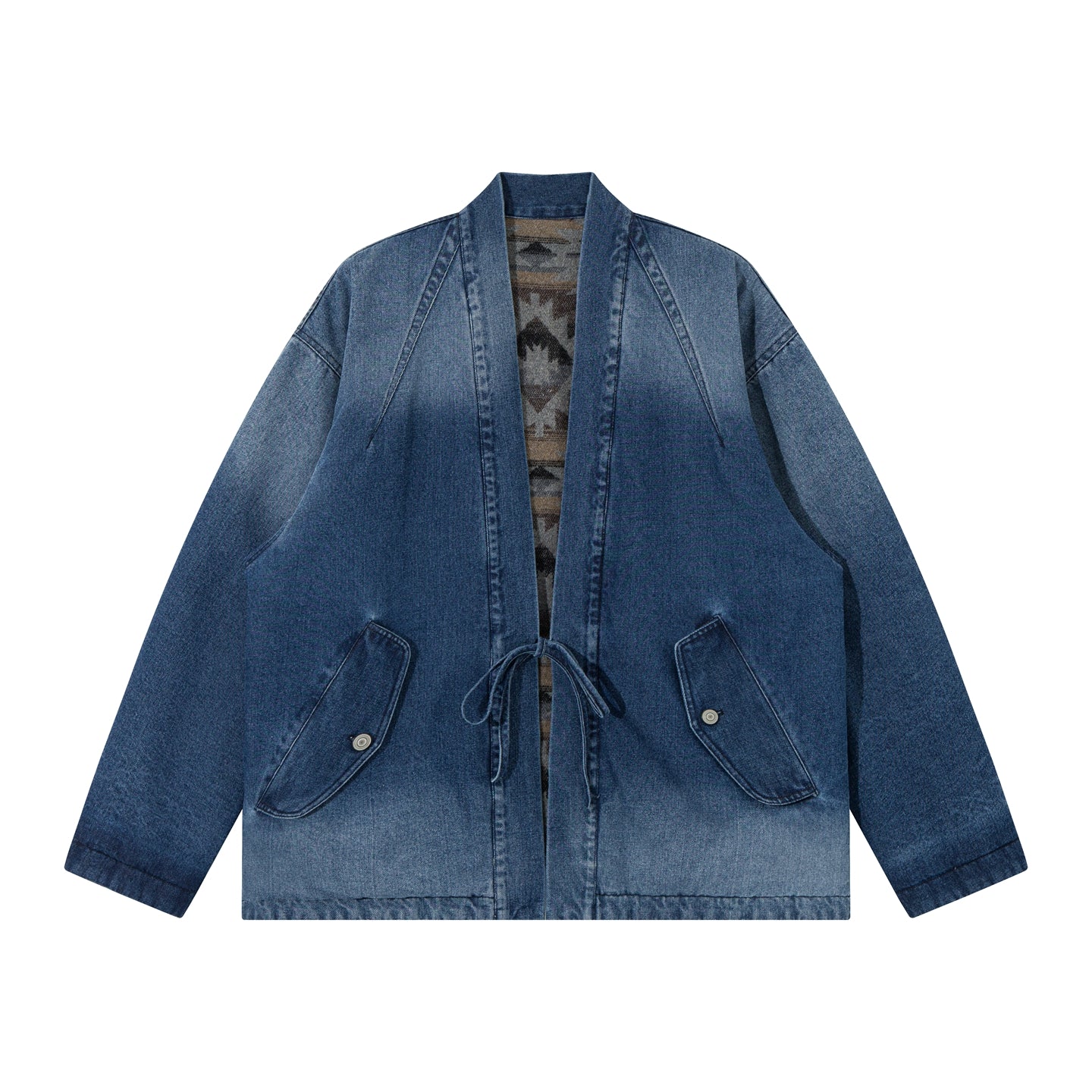Reversible Ethnic Jacquard “Dao Robe” Denim Cardigan – Oversized Lace-Up Coat for Autumn