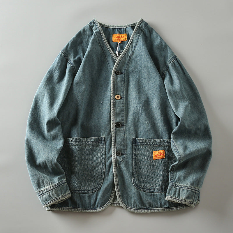 Autumn New Japanese Retro Washed Cotton Men's Casual Versatile Collarless Denim Jacket Coat Trend