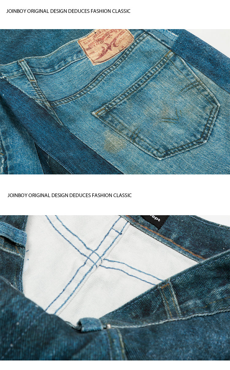 Printed Washed Denim Fabric Creative Design Color Block Feel Scimitar Pants Wide Leg Jeans