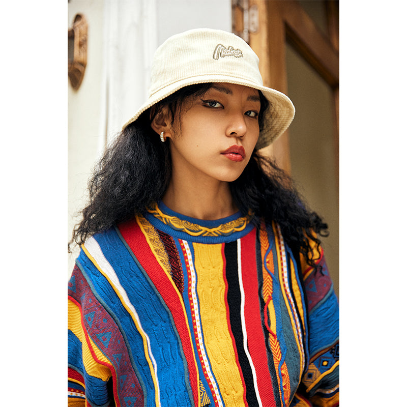 Medria American Style Retro Sweater - Guochao Hidden Color Bitter Melon Stripe Pullover