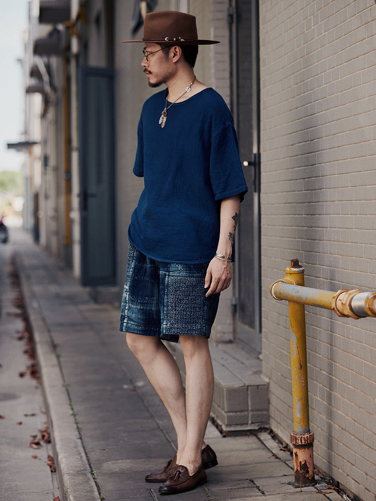 Original Japanese Retro Indigo Dyed Loose Couple Style Casual Short Sleeve T-Shirt