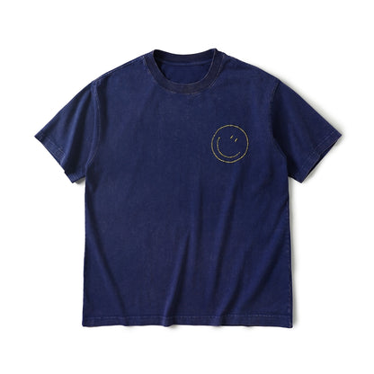 Hand-Embroidered 3D Smiley Face Cotton Tee – Vintage Crewneck Short Sleeve, Casual Unisex