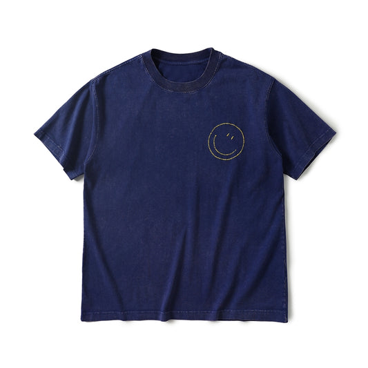 Hand-Embroidered 3D Smiley Face Cotton Tee – Vintage Crewneck Short Sleeve, Casual Unisex