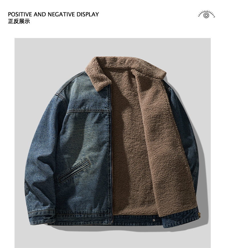 High Street Retro Washed Lamb Wool Denim Jacket – Thickened Warm Winter Cotton Coat for Men
