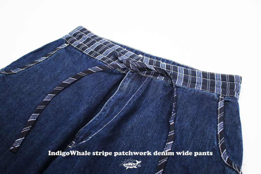 IndigoWhale Bamboo Denim Wide-Leg Patchwork Jeans – Heavy Wash, Drawstring Nine-Point Design
