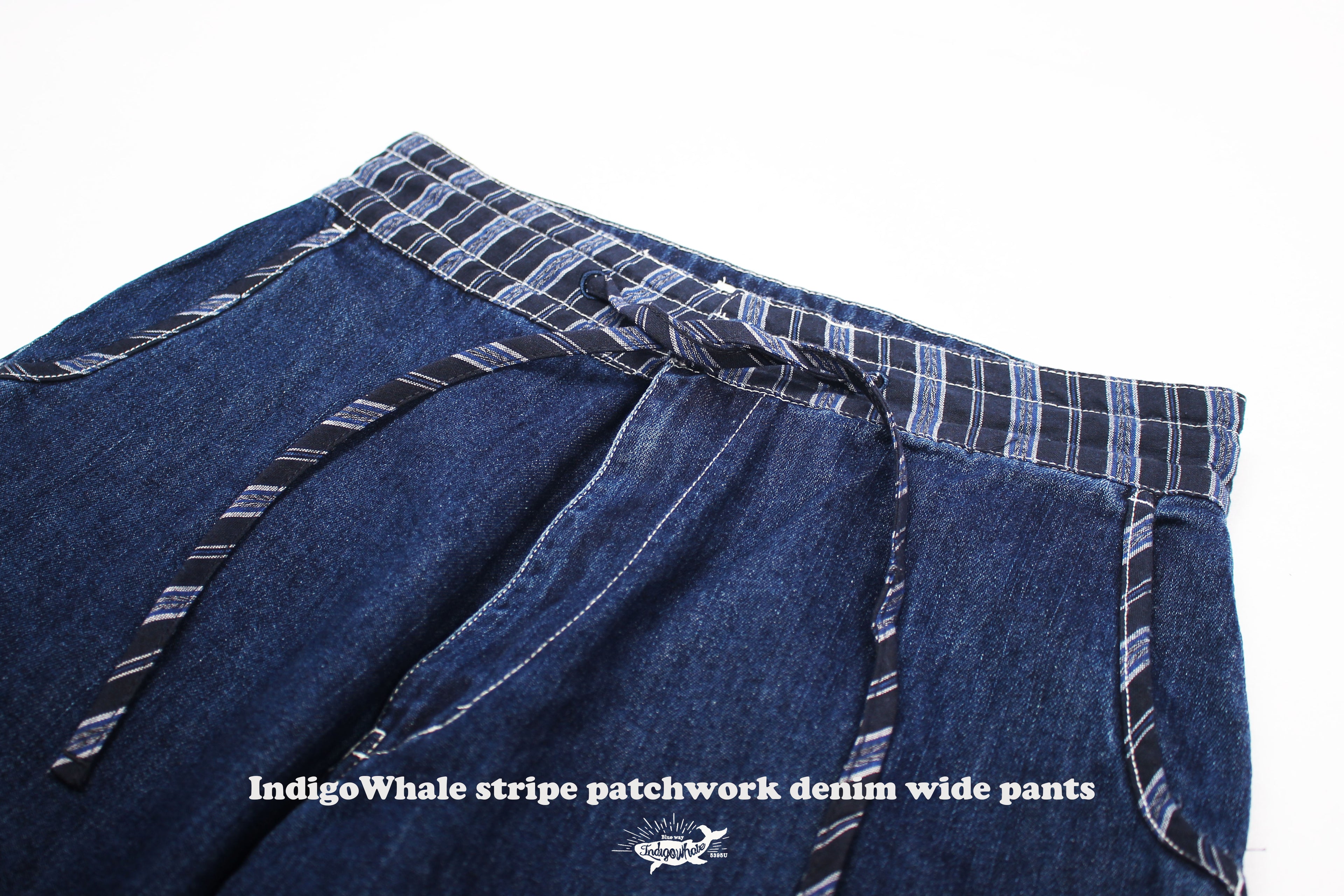 IndigoWhale Bamboo Denim Wide-Leg Patchwork Jeans – Heavy Wash, Drawstring Nine-Point Design