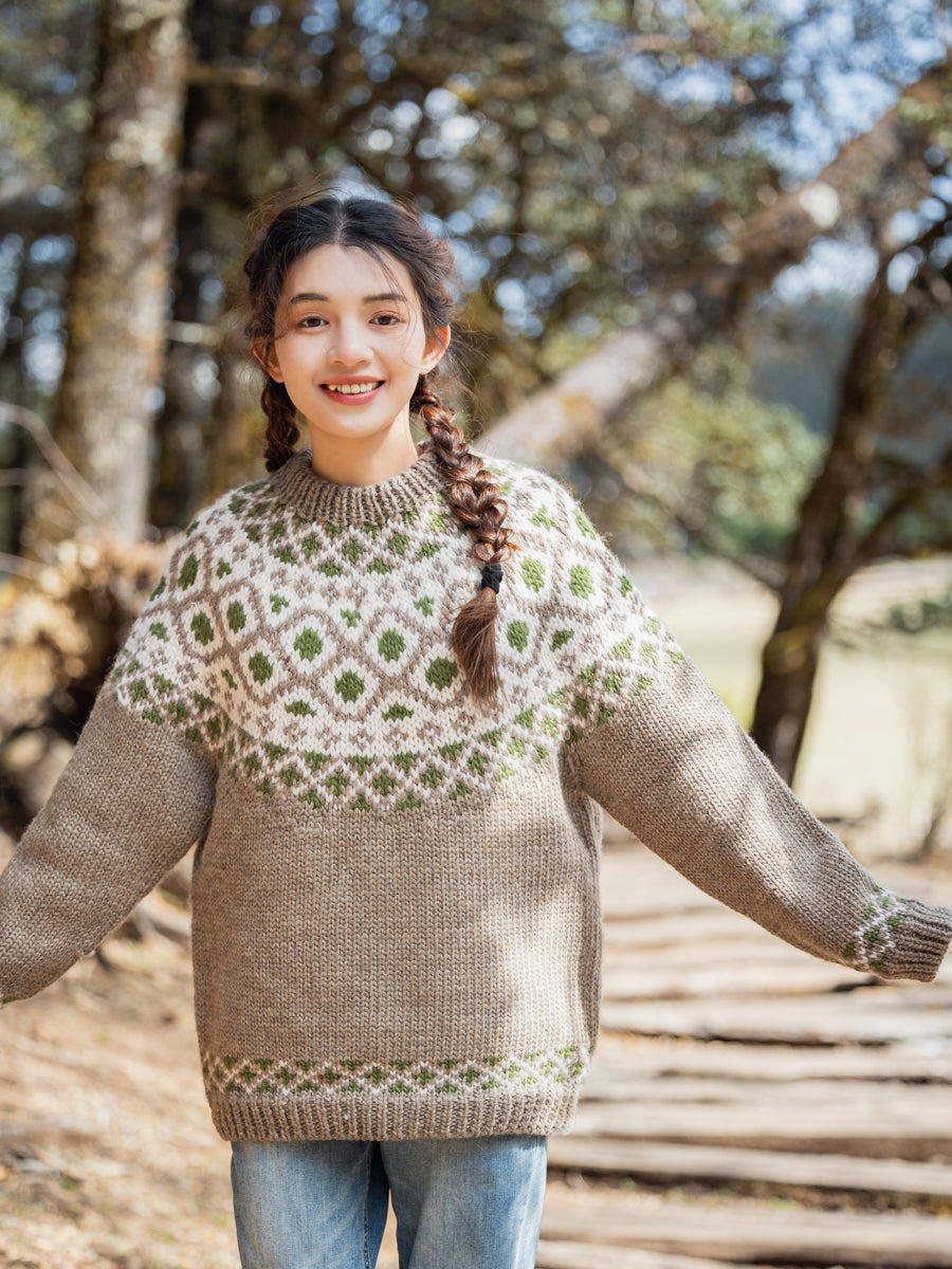 Handmade Iceland Sweater for Women Pullover Light Brown Thick Loose Nordic Retro Wide Knit College Style Travel Photography Niche
