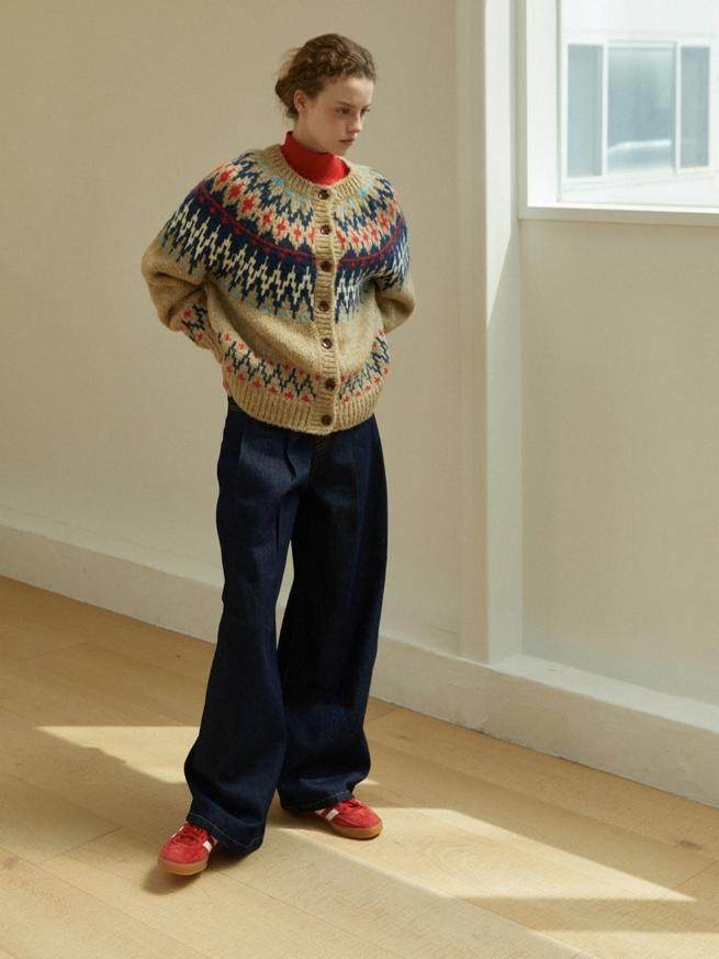 LINHOUSE French Retro Fair Isle Cardigan - Thick Wool Blend Sweater (Women)