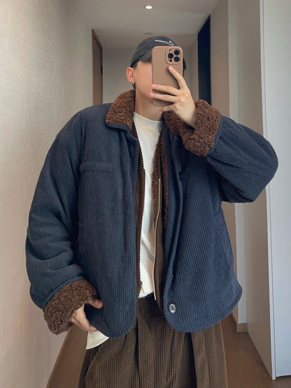 Dannyandzee Navy Blue Corduroy Plush Jacket - Coffee Cloud Warm Coat (Unisex)