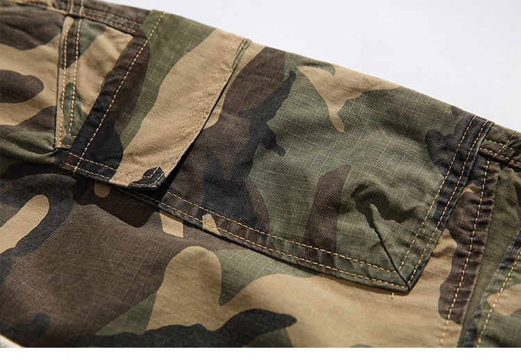 Men's American Street Retro Cargo Pants - Camouflage Heavy Washed Ripped Straight-Leg Pants