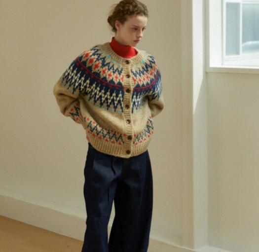 LINHOUSE French Retro Fair Isle Cardigan - Thick Wool Blend Sweater (Women)