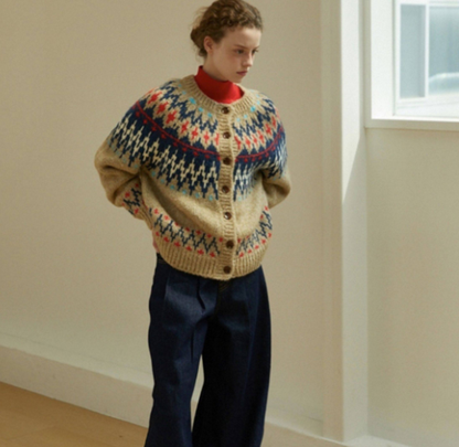 LINHOUSE French Retro Fair Isle Cardigan - Thick Wool Blend Sweater (Women)