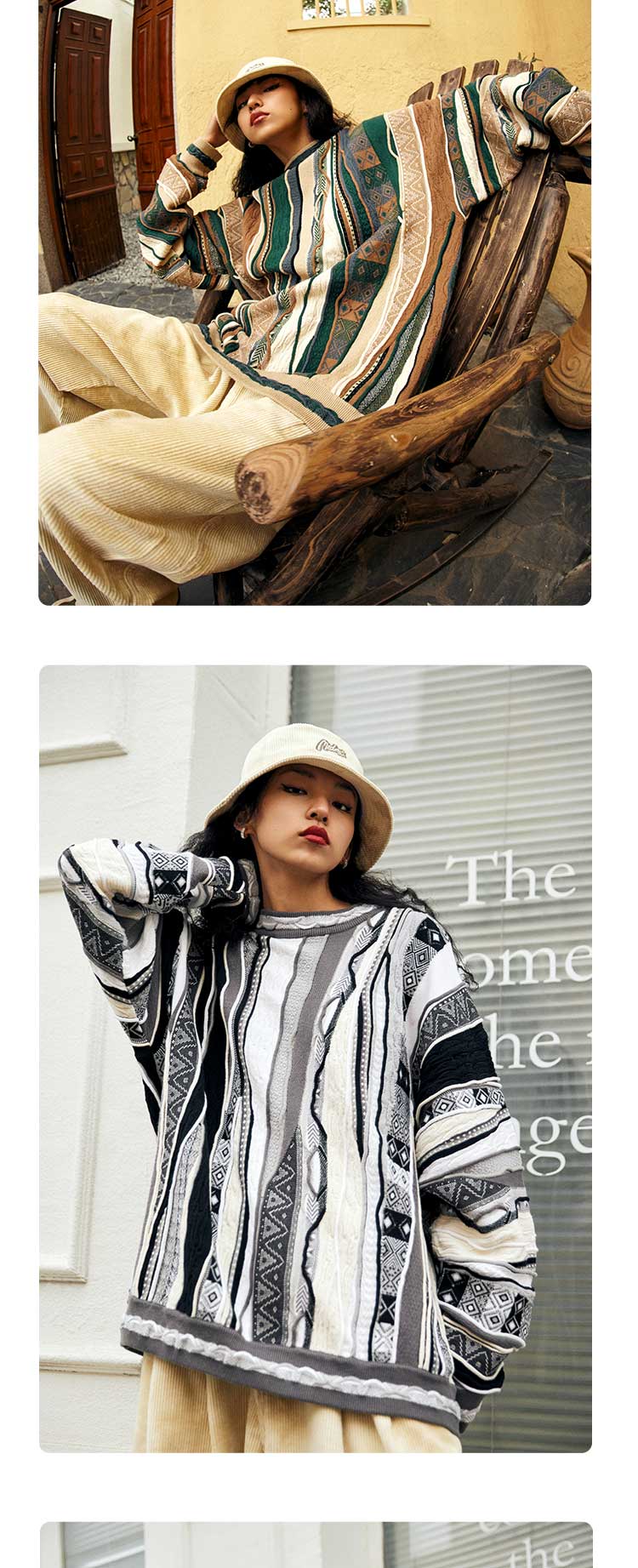 New Year Limited Edition Colorful Egg MEDRIA Retro Sweater Pop Style Bitter Melon Striped Ethnic Pullover Sweater Multi-Color Series