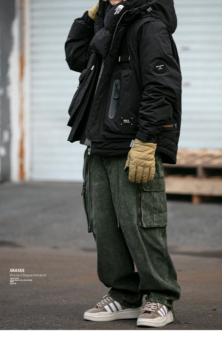 Winter Workwear Hooded Down Jacket Men's Trendy Loose Outdoor Multi-Pocket Functional 90% White Duck Down Warm Coat Trendy