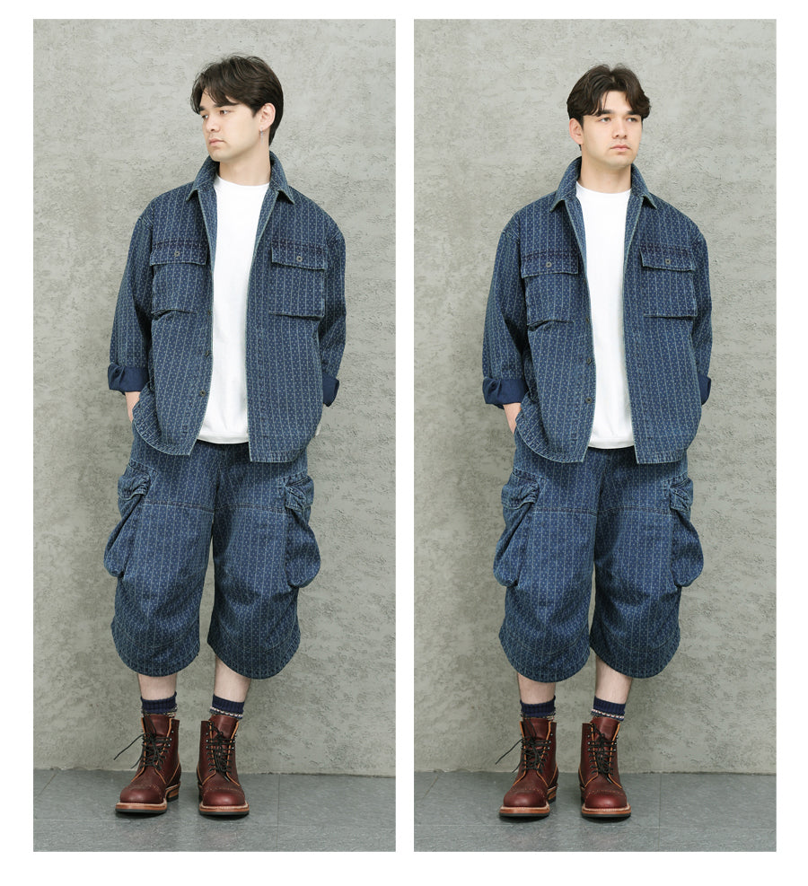 Blue Dyed Jacquard Loose Fit Scimitar Cropped Pants Japanese Retro Style with Large Pockets Casual Mid-Length Shorts