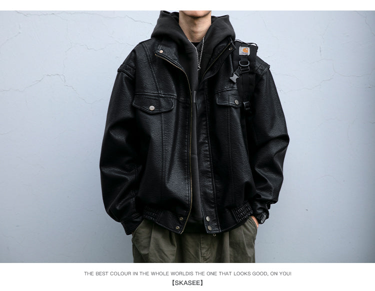 American Retro Lychee Grain Leather Jacket for Men, Spring and Autumn New Style, Cool Motorcycle Jacket, Short Workwear Stand Collar Jacket, Trendy