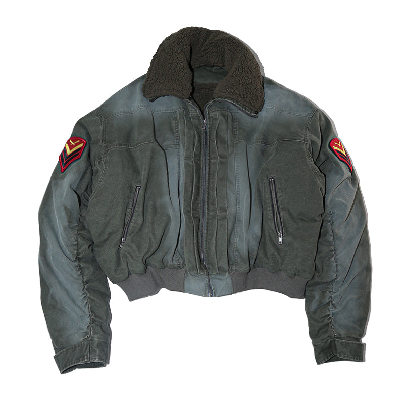 24aw Washed Green Vintage Jacket Cotton-Padded Coat Distressed Epaulet Fur Collar Thickened Coat