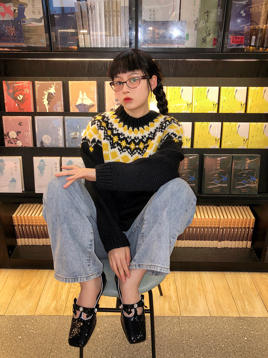 Handmade Fair Isle Wool Cardigan – “Ferris Wheel” Motif Loose Unisex (Black)