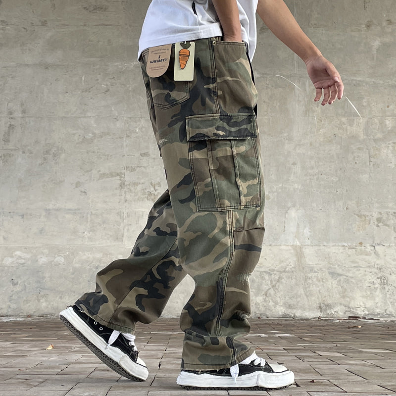 Men's American Street Retro Cargo Pants - Camouflage Heavy Washed Ripped Straight-Leg Pants