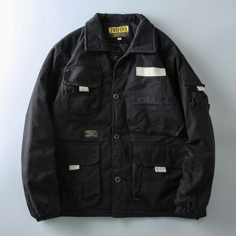 Japanese Retro Washed Multi-Pocket Military Workwear Jacket - Thickened Cotton Coat