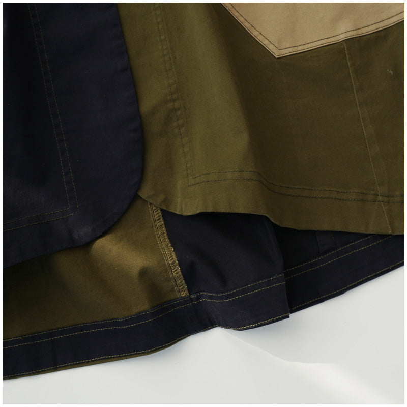 Color-Block Mid-Length Trench Coat – Japanese Retro V-Neck Single-Breasted Jacket