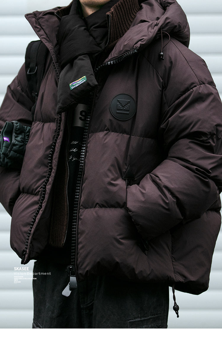 Men's Plaid Down Jacket - Detachable Wool Collar Thickened Warm Puff Coat