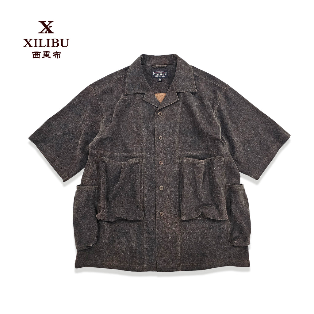 Wild Silk Cuban Collar Half Sleeve Shirt Men's Dye Yam Dyed Tussah Silk Aloha Retro Short Sleeve Shirt Summer