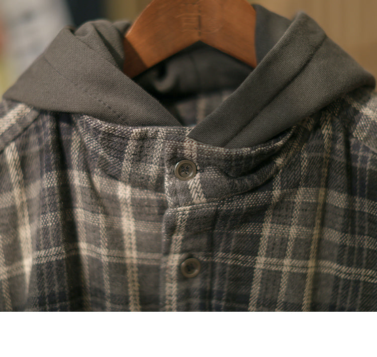 Men's Japanese Style Fake Two-Piece Hooded Plaid Cotton Jacket