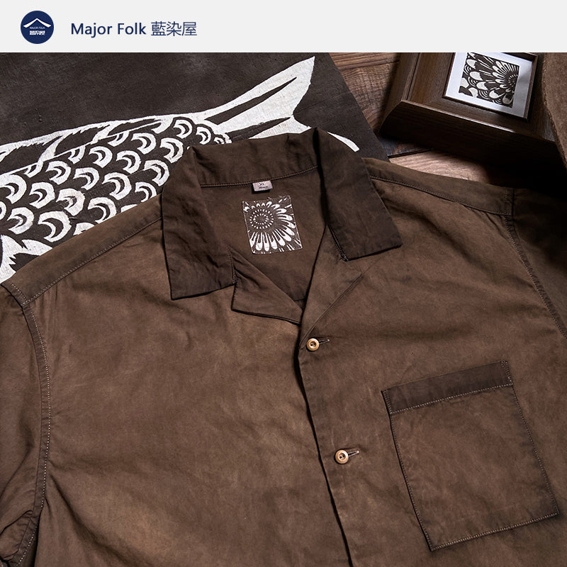 Yam Dye Vintage Style Cloth Label Triangle Sashiko Cuban Collar Short Sleeve Men's Shirt