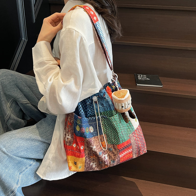 Niche Original Retro Color-Block Ethnic Style 2025 Spring New Denim Bag Single Shoulder Crossbody Canvas Bag for Women