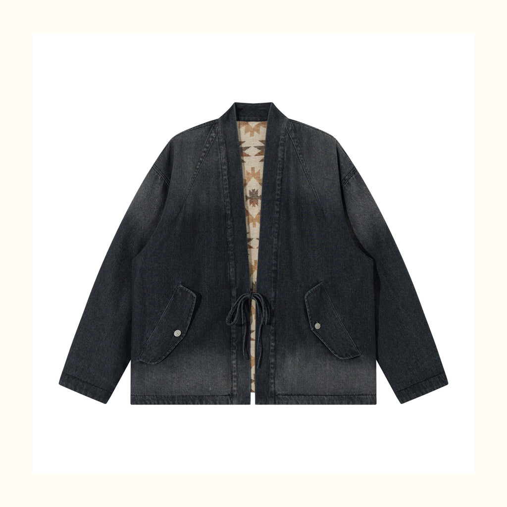 Reversible Ethnic Jacquard “Dao Robe” Denim Cardigan – Oversized Lace-Up Coat for Autumn
