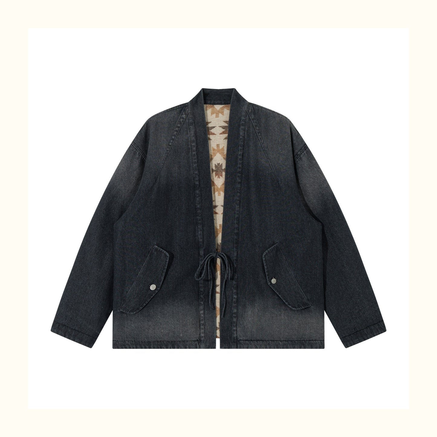 Reversible Ethnic Jacquard “Dao Robe” Denim Cardigan – Oversized Lace-Up Coat for Autumn