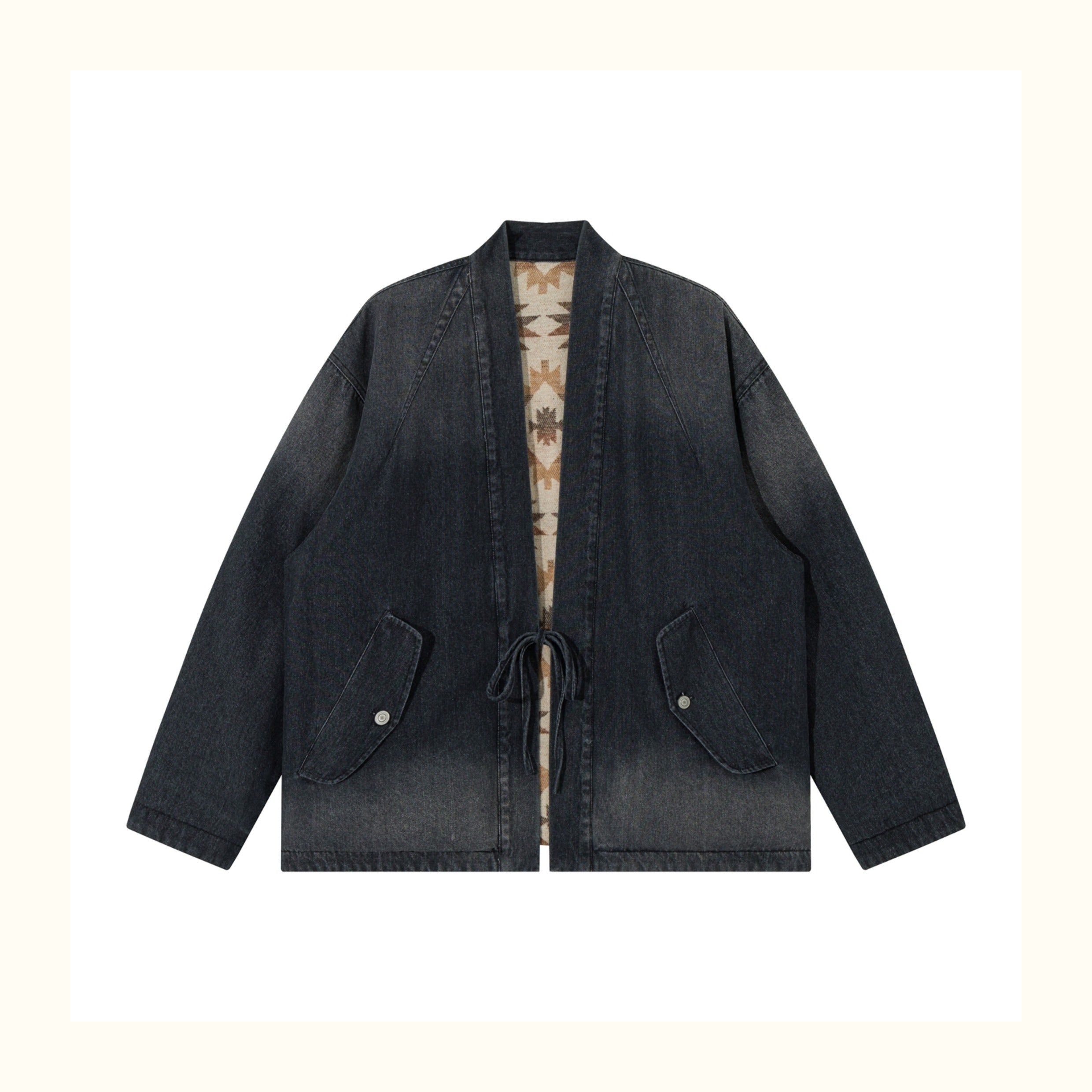 Reversible Ethnic Jacquard “Dao Robe” Denim Cardigan – Oversized Lace-Up Coat for Autumn