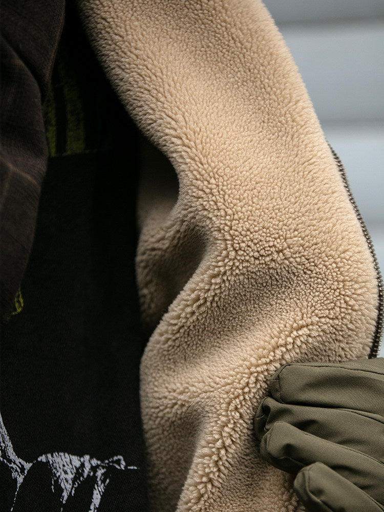 Heavy-Duty Washed Vintage Cotton Jacket - Lambswool Lined Stand Collar Coat (Men)