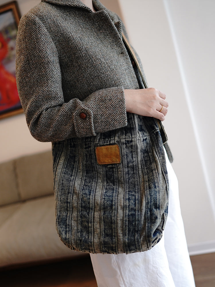 Vintage Washed Distressed Denim Patchwork Lightweight Large Capacity Tote Bag Versatile Casual Shoulder Crossbody Bag